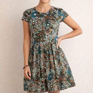Peruvian Connection Wanderlust Knit Fit Flare Dress Med floral short sleeve